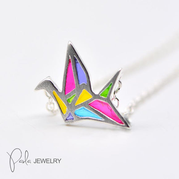 Necklace Silver Origami Crane Colorful Glaze Pendant Charm Necklace Gift Jewelry Accessories Women - Annie Jewel