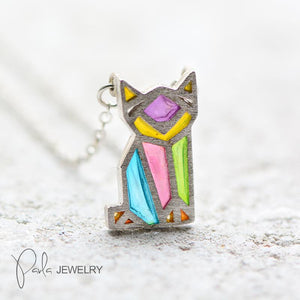 Necklace Silver Origami Cat Kitty Colorful Glaze Pendant Charm Necklace Gift Jewelry Accessories Women - Annie Jewel