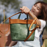 Green Bucket Bag Leather Bucket Small Tote Handbags Purse - Annie Jewel