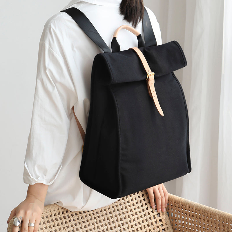 black leather fold backpack Womens Canvas Folded Backpack Laptop Bags