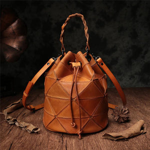 Stitching Leather Drawstring Bucket Bags - Annie Jewel