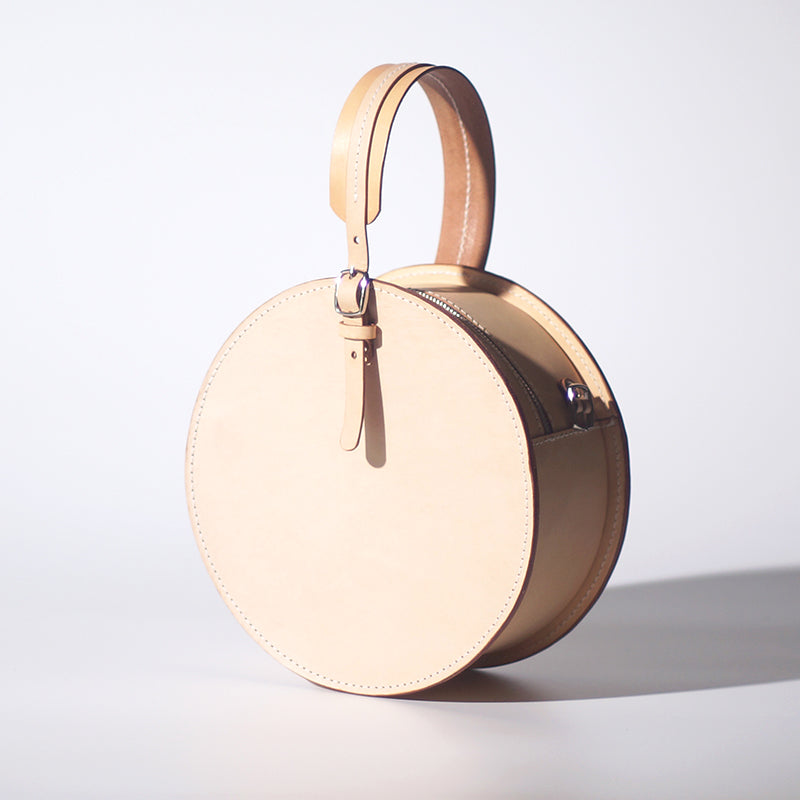 Handmade Beige Leather Circle Crossbody Bag Elegant Round Purse Annie Jewel