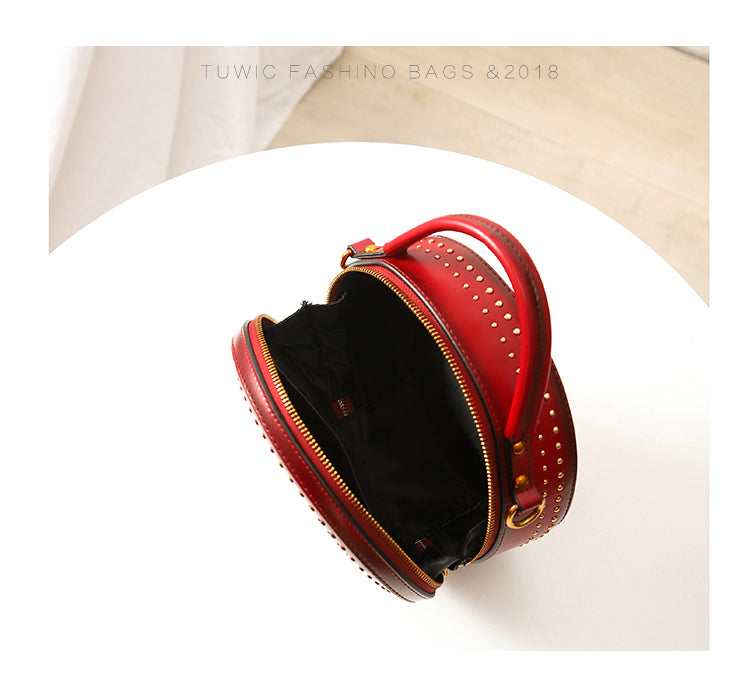 Studded Leather Round Handbag Clutch Bag Purse | Annie Jewel