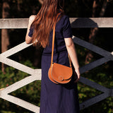 Women's Leather Tan Small Satchel Saddle Bag Purse - Annie Jewel
