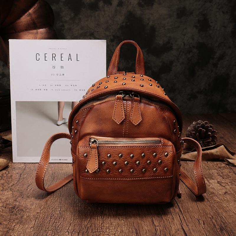Small Retro Leather Backpack Bag Rivet Mini Leather Backpack Annie Jewel
