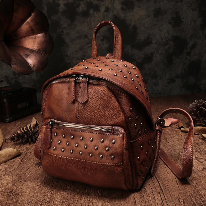 Small Retro Leather Backpack Bag Rivet Mini Leather Backpack  display picture 3