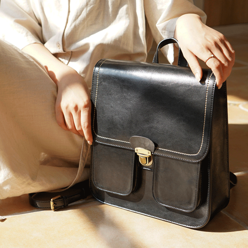 Small Womens Black Backpack Genuine Leather Satchel Backpack