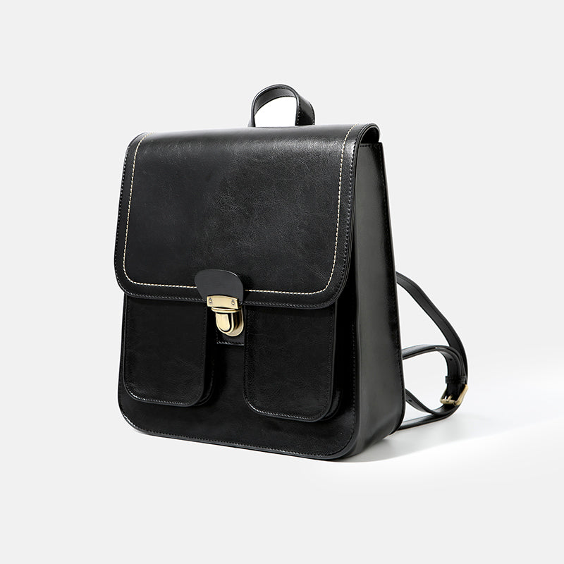 Small Womens Black Backpack Genuine Leather Satchel Backpack 